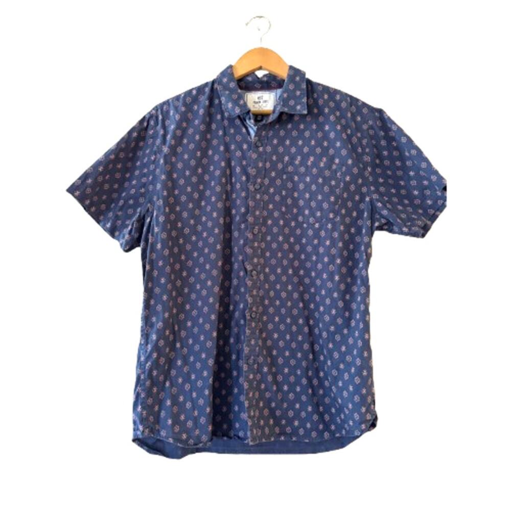 MBX Premium Goods Men's Button Up Shirt L‎ Navy Short Sleeve Pocket 100% Cotton